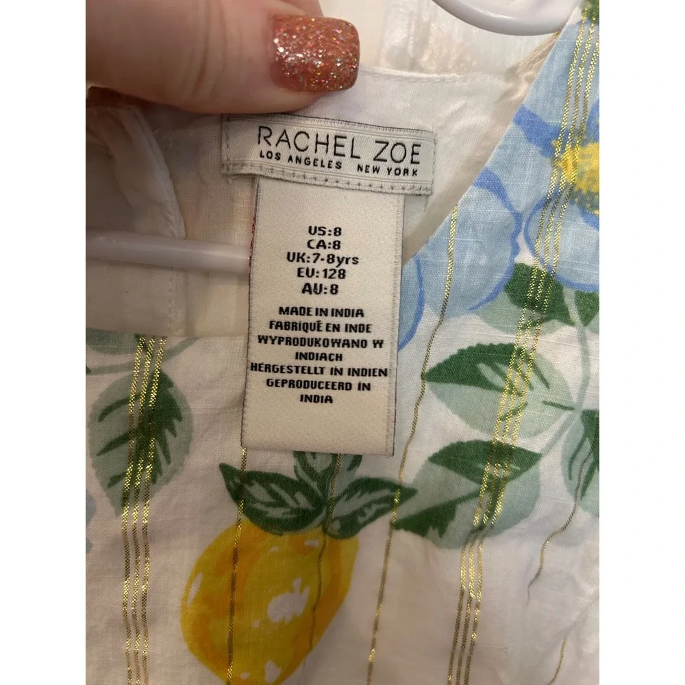Rachel Zoe Dress White Lemon Floral Gold Metallic‎ Stripe Flutter Sleeve Bin A